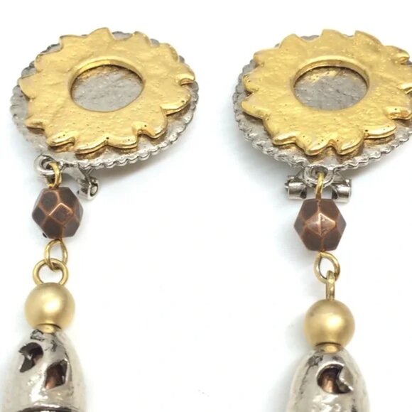 VINTAGE LIZ CLAIBORNE CELESTIAL MIXED METAL DANGLE EARRINGS CLIP ON 80S SUN MOON - Picture 7 of 14